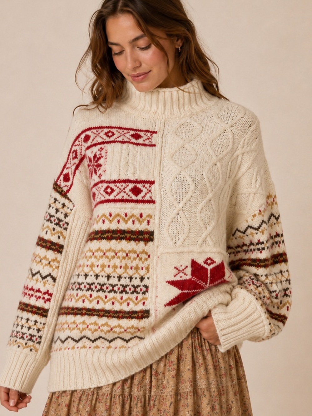 American Eagle Oversized Fair Isle Patchwork Cable Knit Sweater